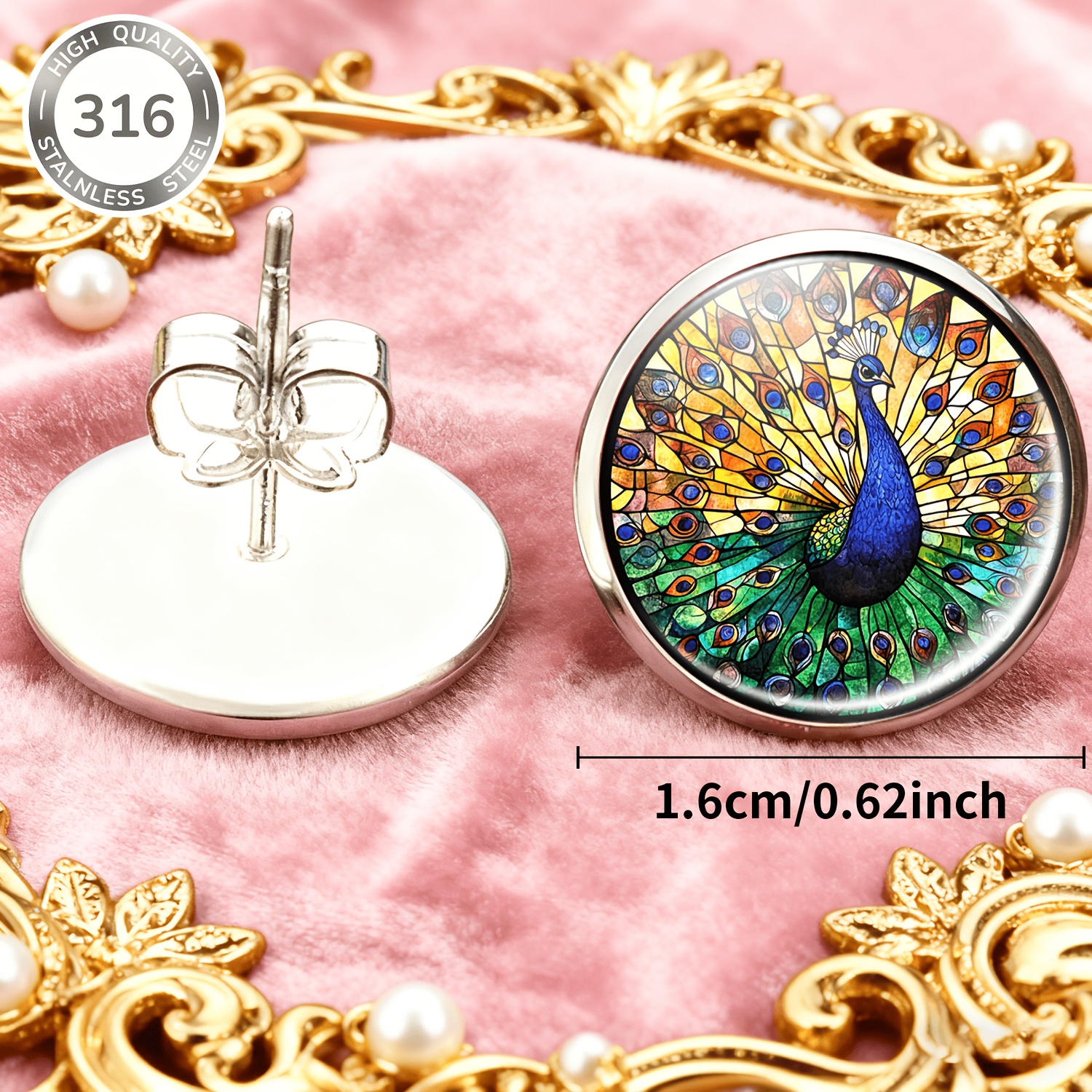 2pcs Peacock Feather Stainless Steel Non-Piercing Earrings Set